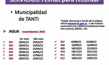 TANTI: CRONOGRAMA DE PAGO AGUA 2022