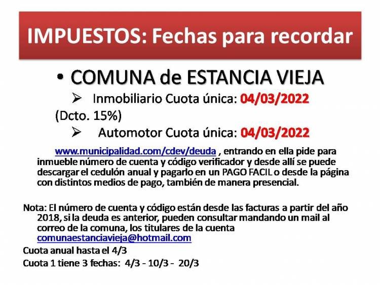 ESTANCIA VIEJA: CUOTA ÚNICA VENCE EL 4/3