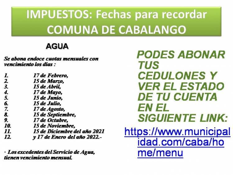 COMUNA DE CABALANGO: SERVICIO DE AGUA / FECHAS DE VENCIMIENTO
